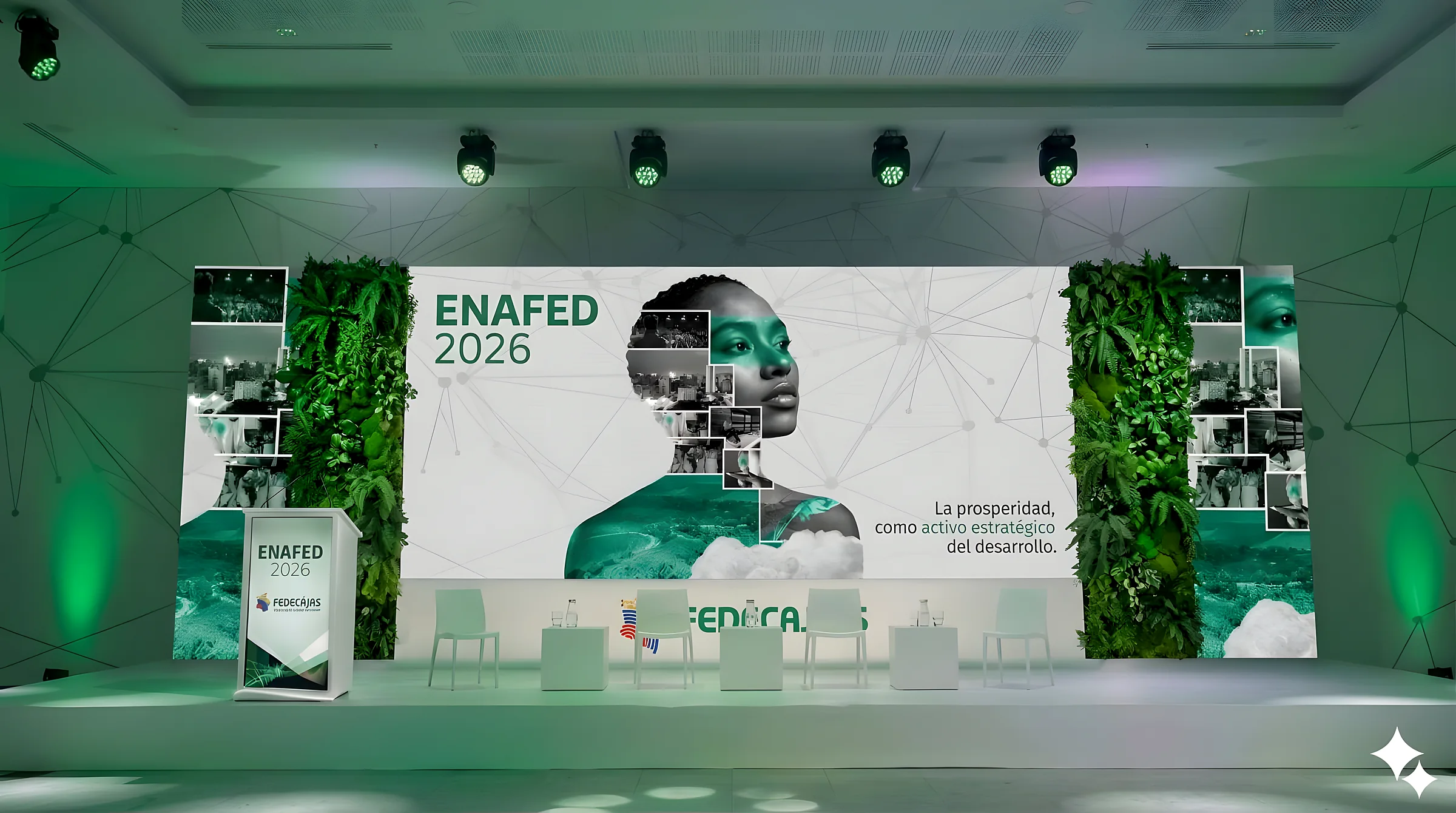 Escenario de congreso con pantalla LED y jardín vertical